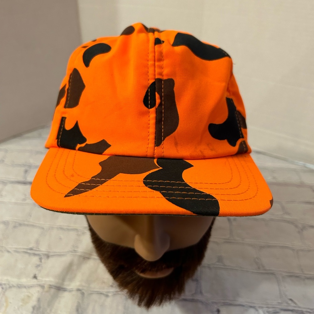 VINTAGE ORANGE CAMOUFLAGE WITH EAR FLAP BAND USA MADE HUNTING/OUTDOORS CAP LARGE